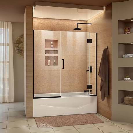 Unidoor-X 59x58 Reversible Hinged Bathtub Door with Clear Glass in Satin Black by DreamLine