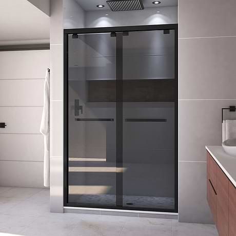 Encore 48"x76" Reversible Sliding Shower Alcove Door with Smoke Gray Glass in Satin Black by DreamLine