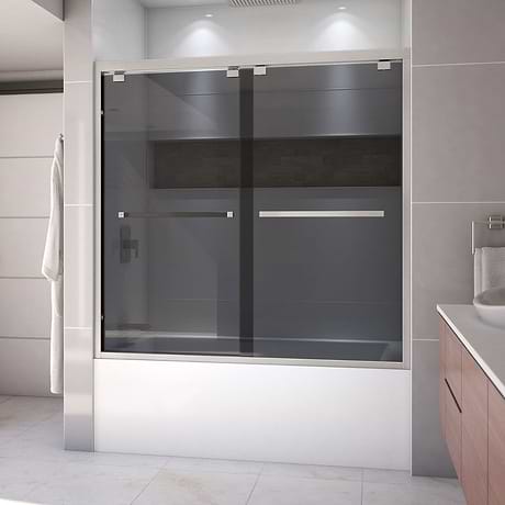 Encore 60"x58" Reversible Sliding Bathtub Door with Smoke Gray Glass in Brushed Nickel by DreamLine