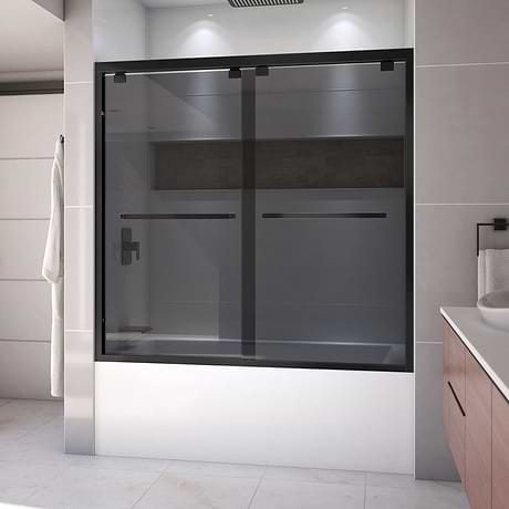 Encore 60"x58" Reversible Sliding Bathtub Door with Smoke Gray Glass in Satin Black by DreamLine