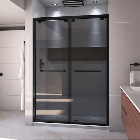 Encore 54"x76" Reversible Sliding Shower Alcove Door with Smoke Gray Glass in Satin Black by DreamLine