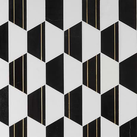 Fuse Nero Black & White 6" Hexagon Polished Marble & Brass Mosaic