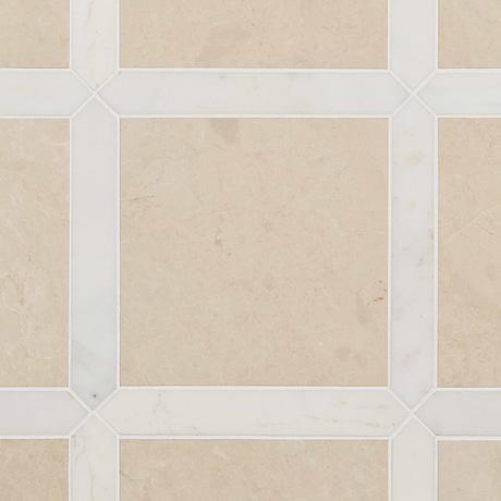 Prezzo Crema Ella 12x12 Square and Ayfon White 2x12 Picket Honed Marble Tile