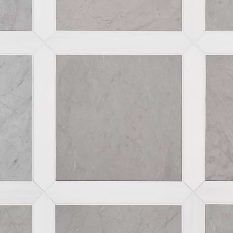 Prezzo Ice Gray 12x12 Square and Glacier White 2x12 Picket Honed Marble Tile