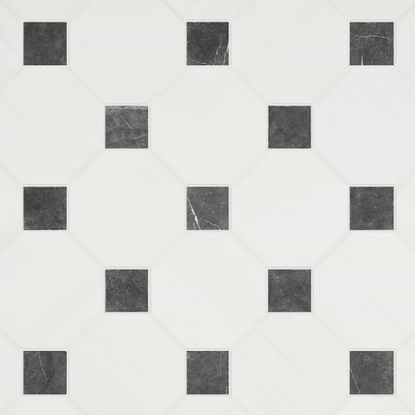 Alaris Glacier White 8" Octagon with Black Silk Dot Tumbled Marble Tile