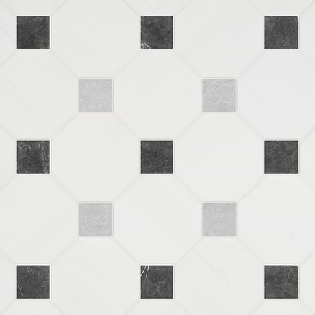 Alaris Glacier White 8" Octagon with Black Silk and Earth Gray Dot Tumbled Marble Tile