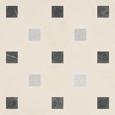 Alaris Simena 8" Octagon with Black Silk and Earth Gray Dot Tumbled Limestone and Marble Tile