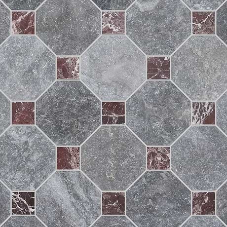 Alaris Lovina Gray 8" Octagon with Rosso Levanto Dot Tumbled Marble Tile