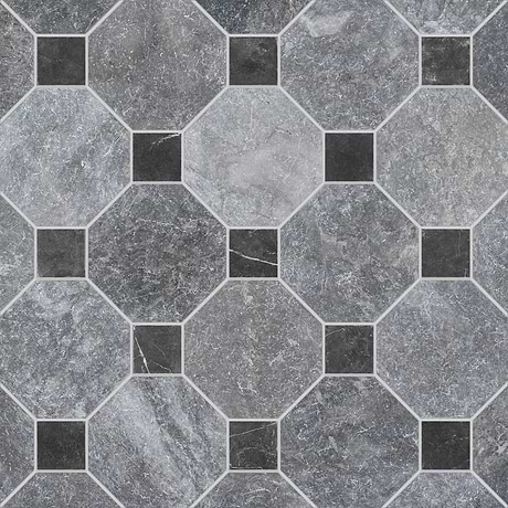 Alaris Lovina Gray 8" Octagon with Black Silk Dot Tumbled Marble Tile