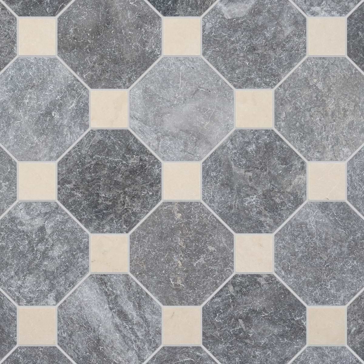 ALARIS Lovina Gray 8" Octagon with Crema Ella Dot Tumbled Marble Tile