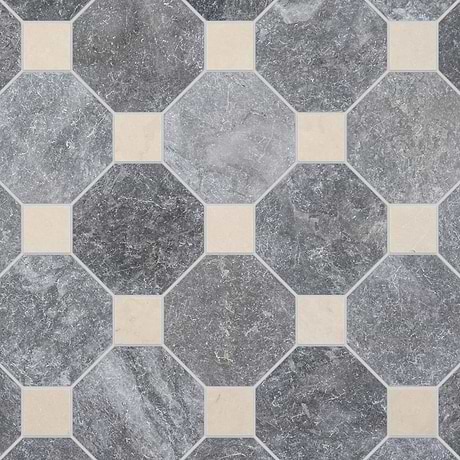 Alaris Lovina Gray 8" Octagon with Crema Ella Dot Tumbled Marble Tile