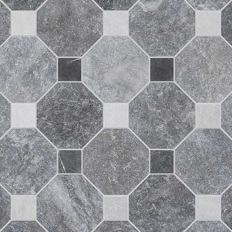 Alaris Lovina Gray 8" Octagon with Black Silk and Earth Gray Dot Tumbled Marble Tile