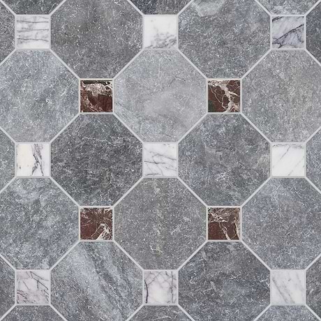 Alaris Lovina Gray 8" Octagon with Lilac and Rosso Levanto Dot Tumbled Marble Tile