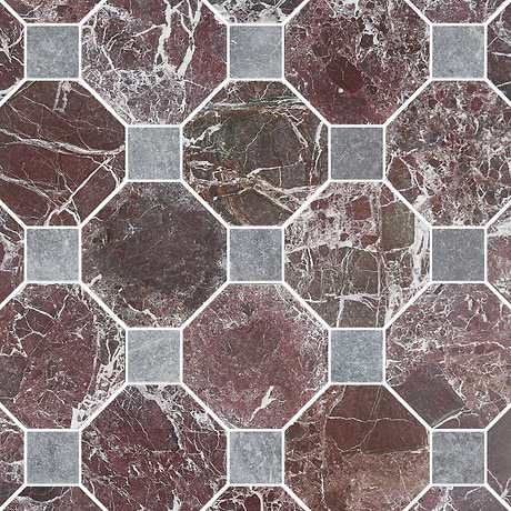 Alaris Rosso Levanto 8" Octagon with Lovina Gray Dot Tumbled Marble Tile