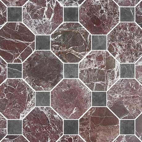Alaris Rosso Levanto 8" Octagon with Black Silk Dot Tumbled Marble Tile