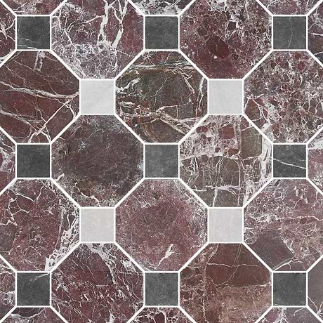 Alaris Rosso Levanto 8" Octagon with Black Silk and Earth Gray Dot Tumbled Marble Tile