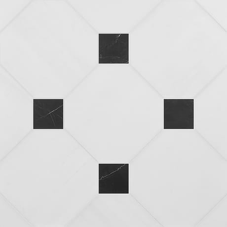 Alaris Glacier White 12" Octagon with Black Silk Dot Honed Marble Tile