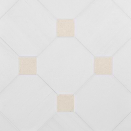 Alaris Glacier White 12" Octagon with Crema Ella Dot Honed Marble Tile