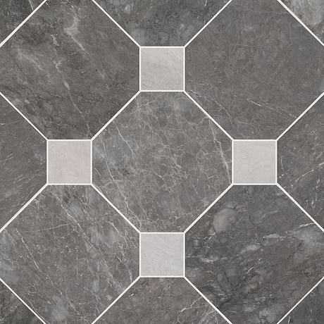 Alaris Lovina Gray 12" Octagon with Earth Gray Dot Honed Marble Tile