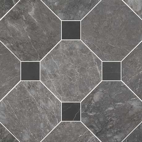 Alaris Lovina Gray 12" Octagon with Black Silk Dot Honed Marble Tile