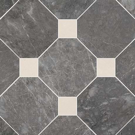Alaris Lovina Gray 12" Octagon with Crema Ella Dot Honed Marble Tile