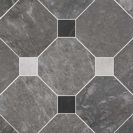 Alaris Lovina Gray 12" Octagon with Black Silk and Earth Gray Dot Honed Marble Tile