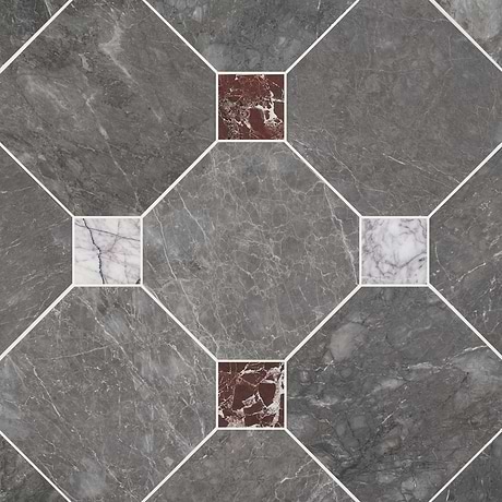 Alaris Lovina Gray 12" Octagon with Lilac and Rosso Levanto Dot Honed Marble Tile