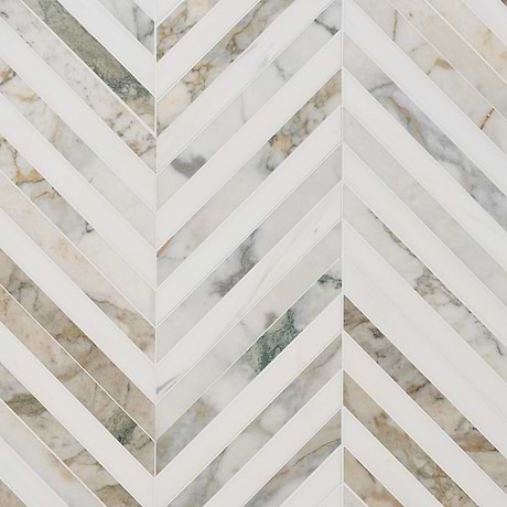 Calacatta Verde Premium and and Bianco Dolomite 3x9 Chevron Honed Marble Mosaic Tile