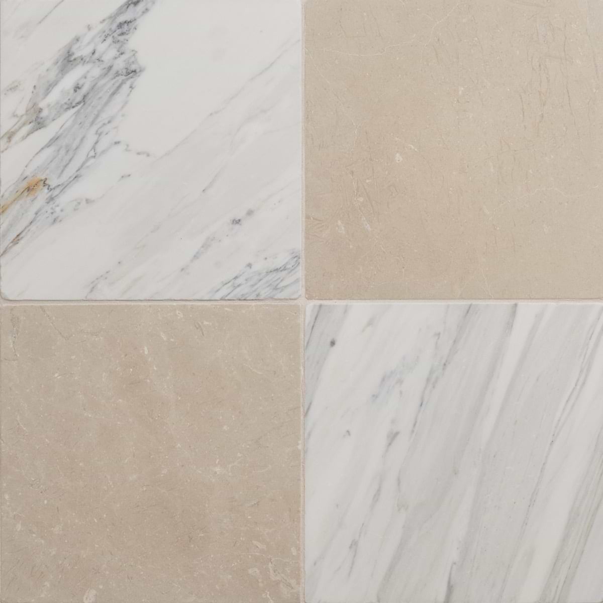 AVANTI Calacatta Gold and Crema Marfil Beige 12x12 Tumbled Marble Checkerboard Tile