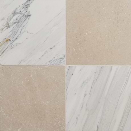 Avanti Checkerboard Calacatta Gold and Crema Marfil Beige 12x12 Tumbled Marble Tile