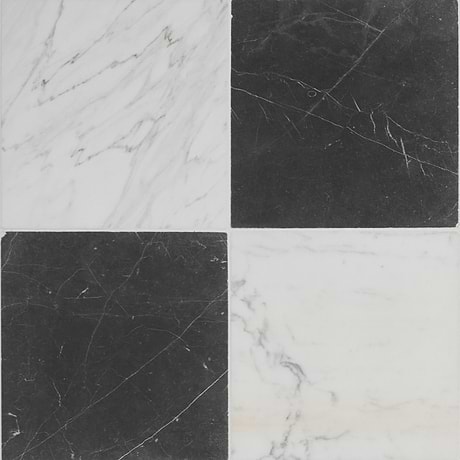 Avanti Nero Marquina Black and Calacatta Gold 12x12 Tumbled Marble Checkerboard Tile