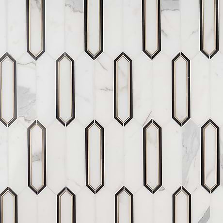 Zeus White Calacatta 2x8 Picket Polished Marble and Brass Mosaic Tile