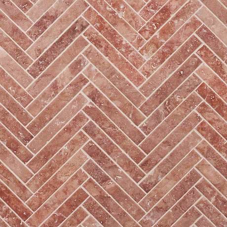 Velour Red Travertine 1x6 Herringbone Leather Marble Mosaic Tile