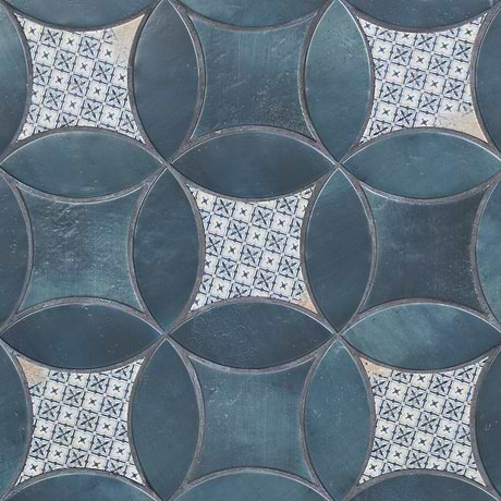 Raval Denim Blue 3x8 Petal and 6x6 Kite with Deco Juliana Blue Kite Matte Porcelain Tile