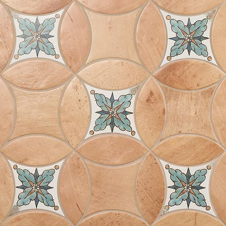 Raval Peach Terracotta 3x8 Petal and 6x6 Kite with Deco Amelia Multicolor Kite Matte Porcelain Tile