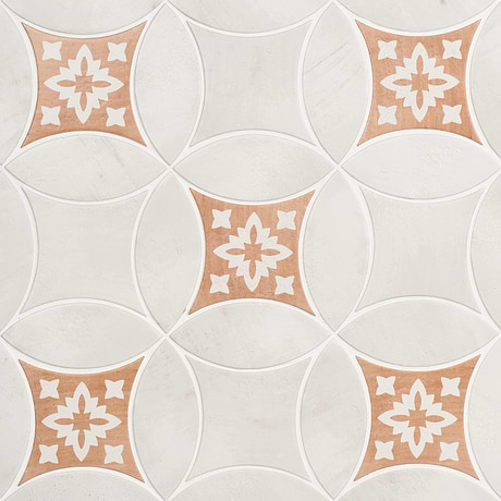 Raval White 3x8 Petal and 6x6 Kite with Deco Natalia Terracotta Kite Matte Porcelain Tile