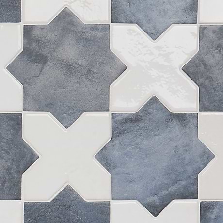 Parma Denim Blue Matte Star and White Polished Cross 6" Terracotta Look Porcelain Tile