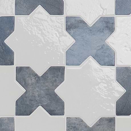 Parma White Polished Star and Denim Blue Matte Cross 6" Terracotta Look Porcelain Tile