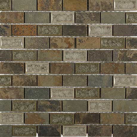 Emperial Roman Slate Brown 1x2 Brick Polished Marble & Glass Mosaic