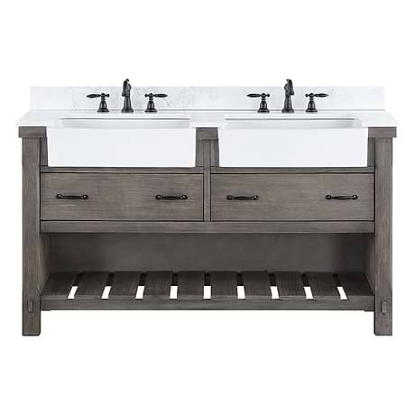 Inwood Gray Oak 60" Double Vanity with White Stone Top and Farmhouse Sink