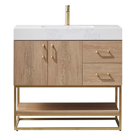 Ithica White Oak 36" Single Vanity and Gold Hardware with Atlantic Stone Top