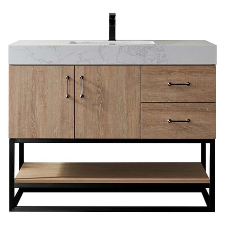 Ithica White Oak 42" Single Vanity and Black Hardware with Atlantic Stone Top