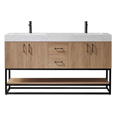 Ithica White Oak 60" Double Vanity and Black Hardware with Atlantic Stone Top