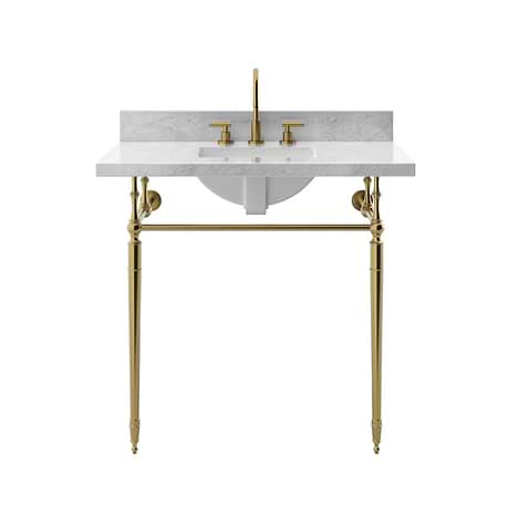 Napoleon Brushed Brass 30" Single Console with Carrara Marble Top Square Sink and Backsplash