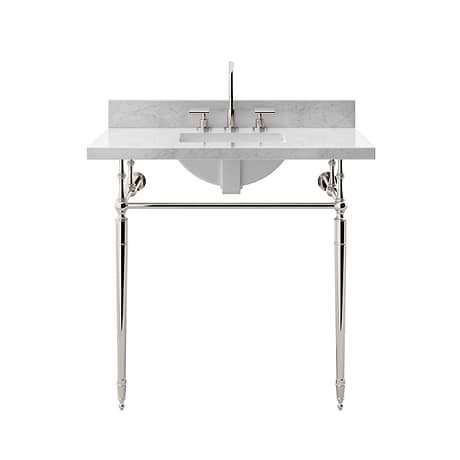 Napoleon Polished Nickel 36" Single Console with Carrara Marble Top Square Sink and Backsplash