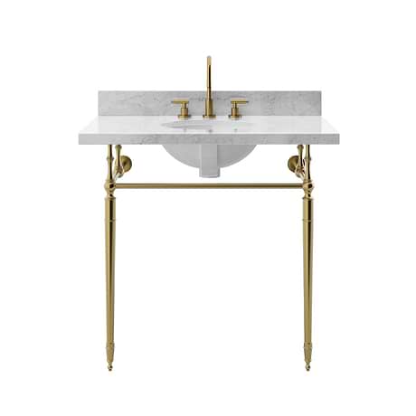 Napoleon Brushed Brass 36" Single Console with Carrara Marble Top Oval Sink and Backsplash