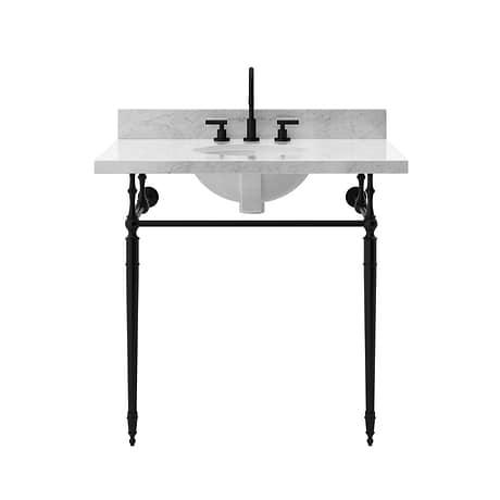 Napoleon Matte Black 36" Single Console with Carrara Marble Top Oval Sink and Backsplash