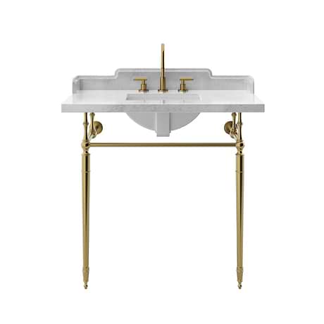 Napoleon Brushed Brass 30" Single Console with White Marble Top Square Sink and Side Plash