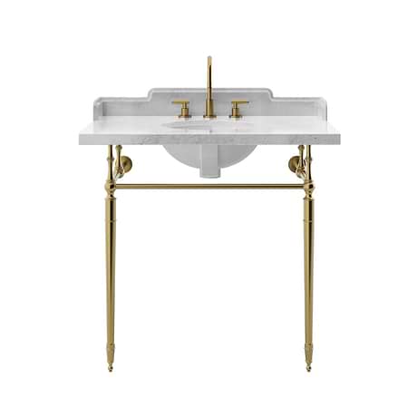 Napoleon Brushed Brass 30" Single Console with White Marble Top Oval Sink and Side Plash
