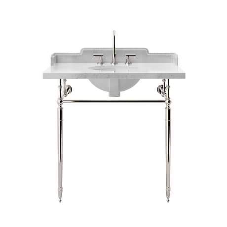 Napoleon Polished Nickel 36" Single Console with White Marble Top Oval Sink and Side Plash